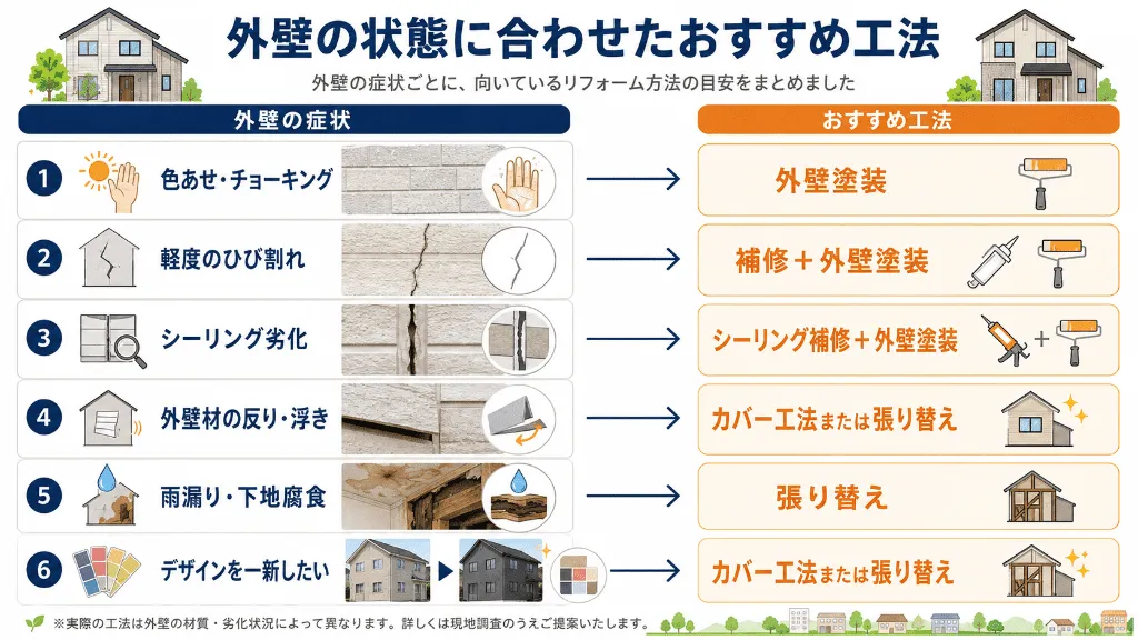 外壁の劣化症状別におすすめのリフォーム工法を示した図