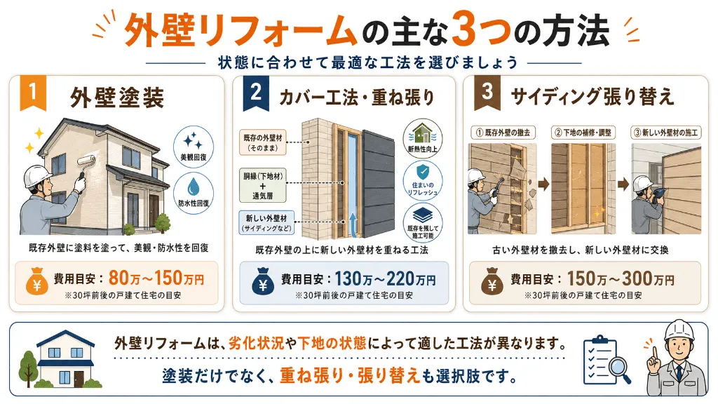 外壁塗装・カバー工法・サイディング張り替えの費用と特徴を比較した図