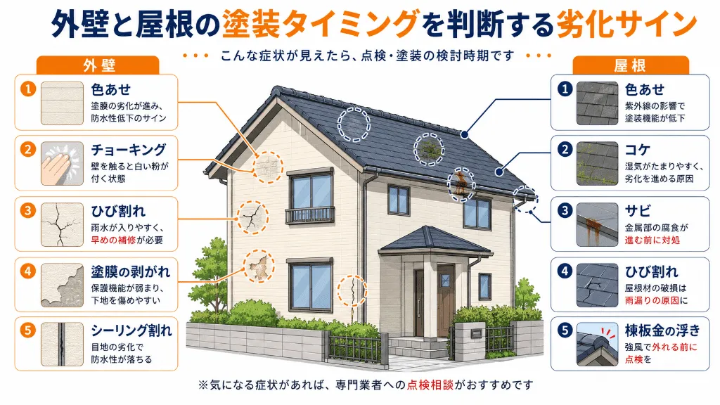 外壁と屋根の塗装タイミングを判断する劣化サインのチェック図