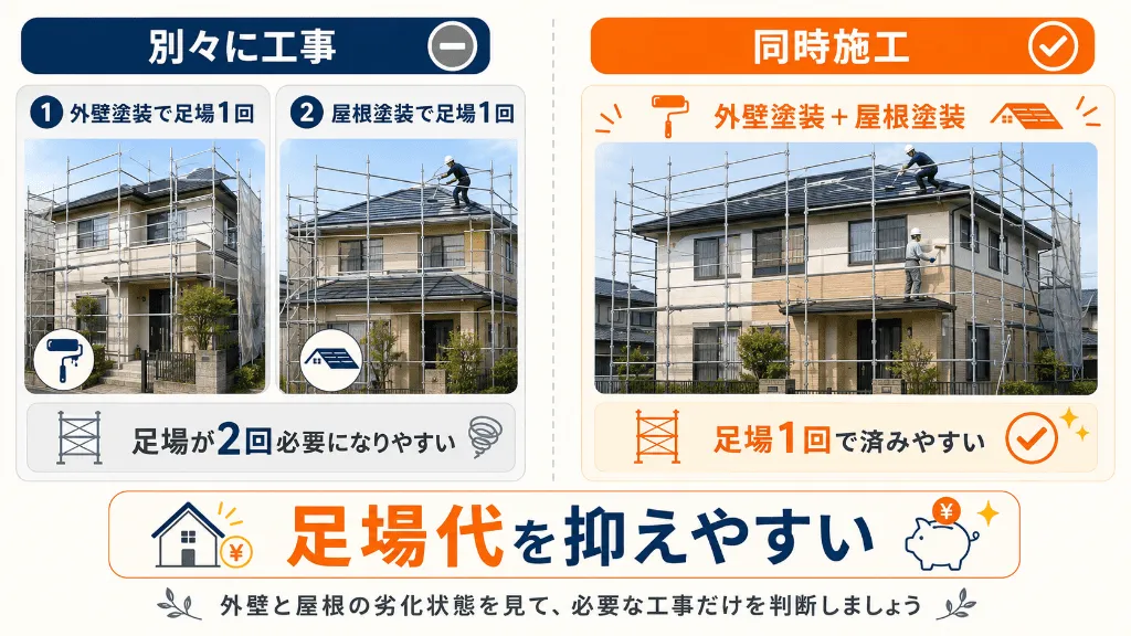 外壁塗装と屋根塗装を同時施工して足場代を抑える図
