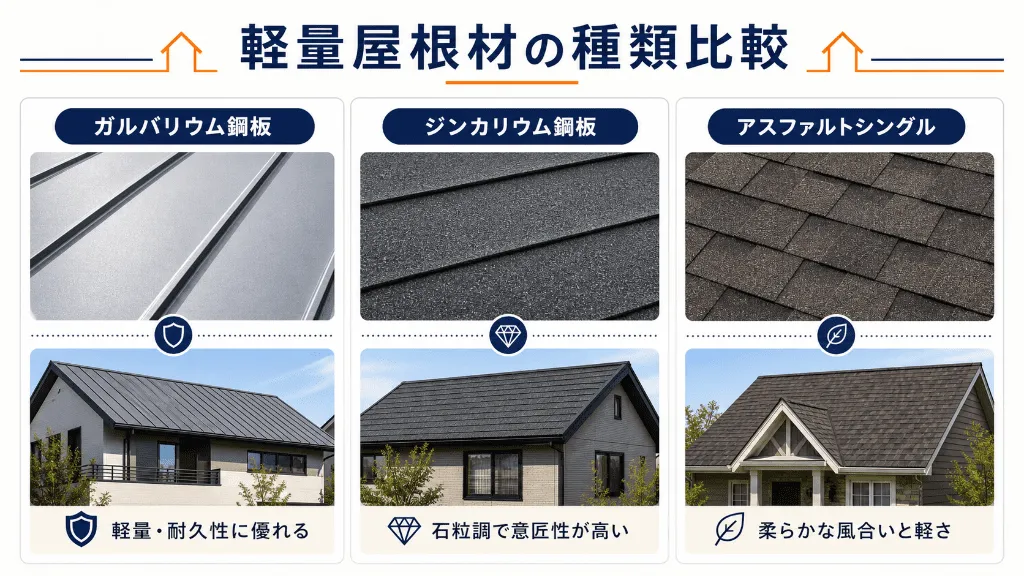 ガルバリウム鋼板など軽量屋根材の種類を比較した画像