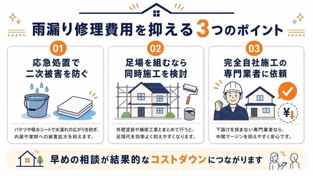 雨漏り修理費用を抑える3つのポイントをまとめた図