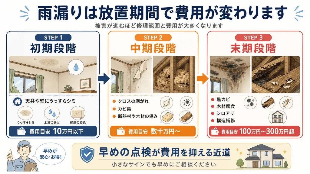 雨漏りを放置した場合の被害進行ステップ図