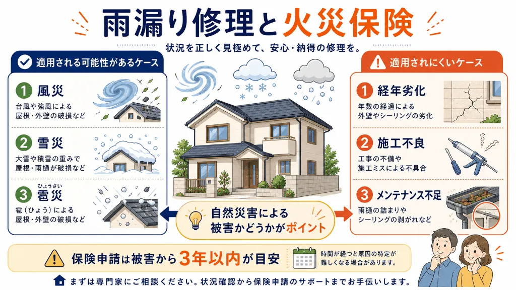 雨漏り修理で火災保険が使えるケースと使えないケースの比較図