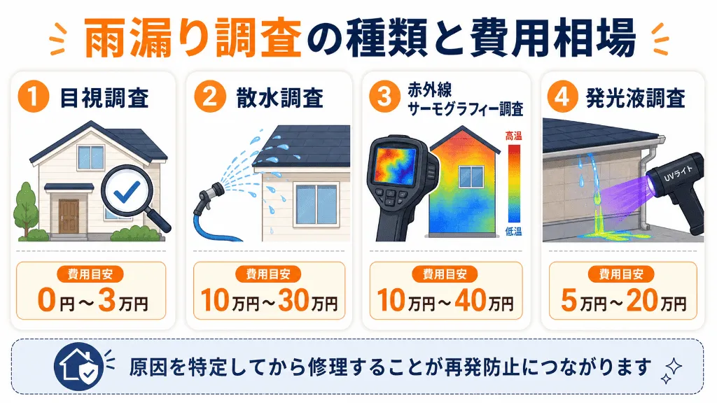 目視調査・散水調査・赤外線調査・発光液調査の比較図