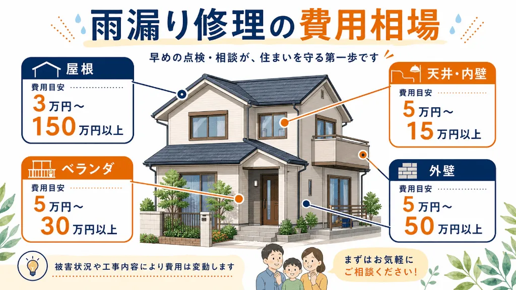 雨漏り修理の費用相場を場所別にまとめた図
