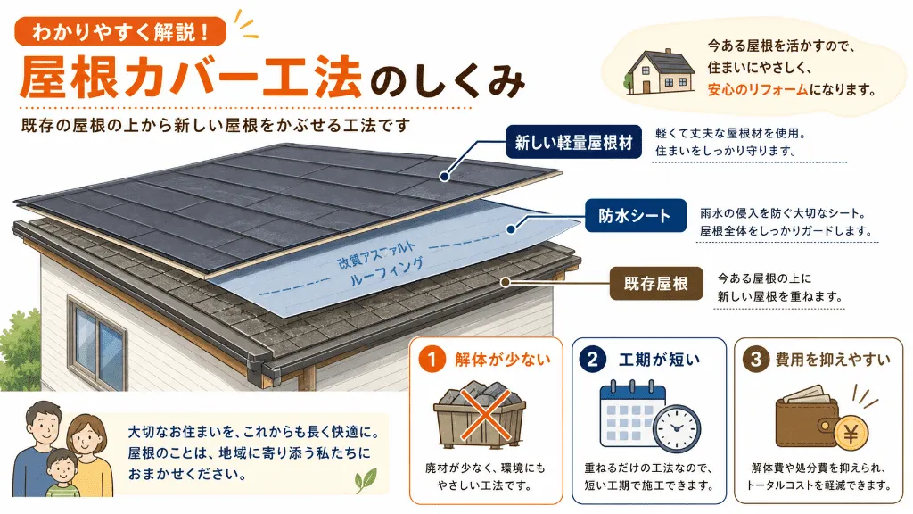 屋根カバー工法の仕組みを説明した断面図