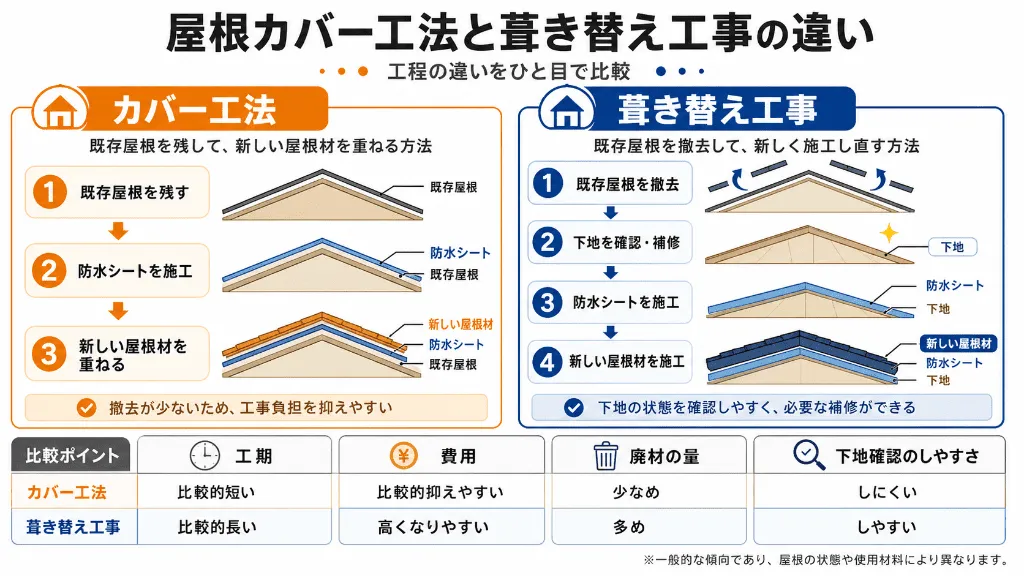屋根カバー工法と葺き替え工事の違いを比較した工程図
