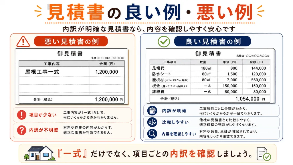 屋根工事の良い見積書と悪い見積書の比較図