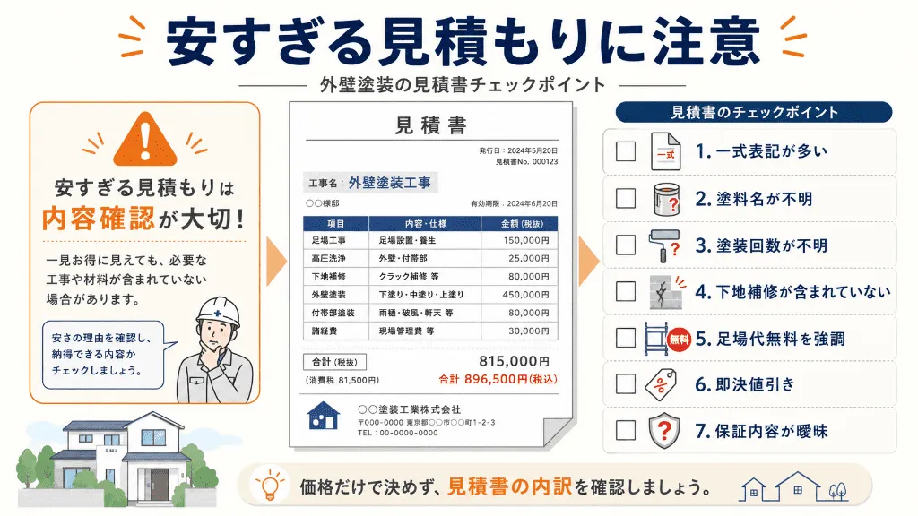 安すぎる外壁塗装見積もりで注意すべき項目をまとめた図