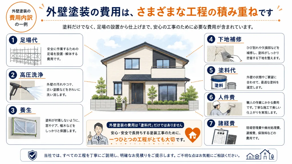 外壁塗装費用の足場代・塗料代・人件費などの内訳図