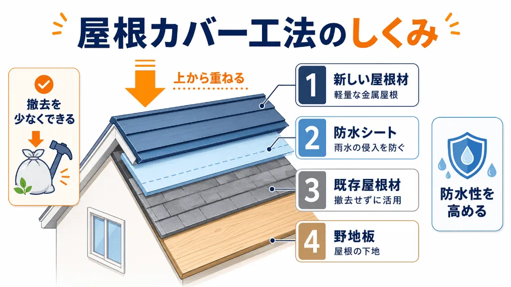 屋根カバー工法で既存屋根の上に防水シートと新しい屋根材を重ねる構造
