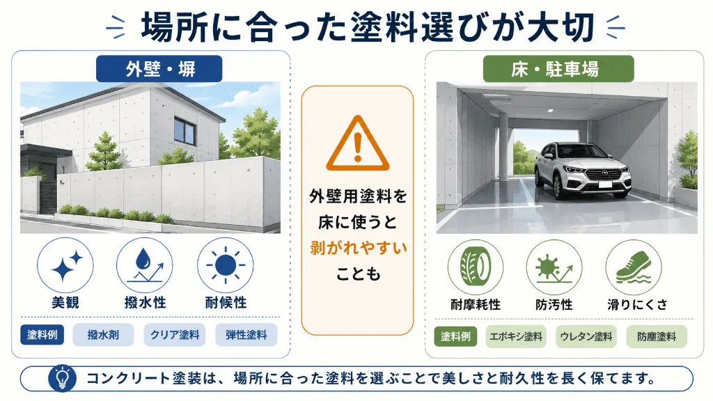 コンクリート塗装で外壁用塗料と床用塗料を使い分ける説明図