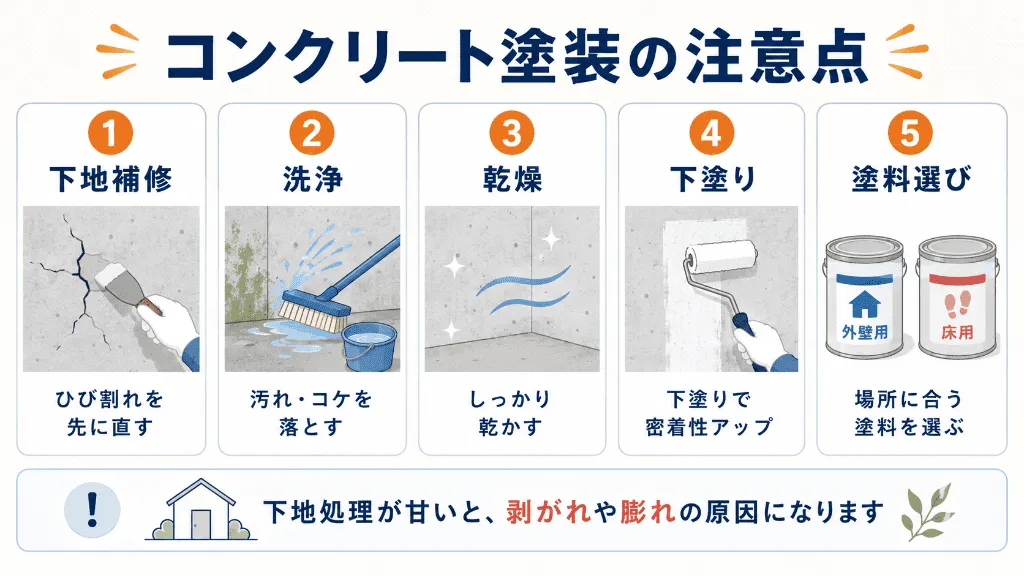 コンクリート塗装で失敗しないための下地処理や塗料選びの注意点