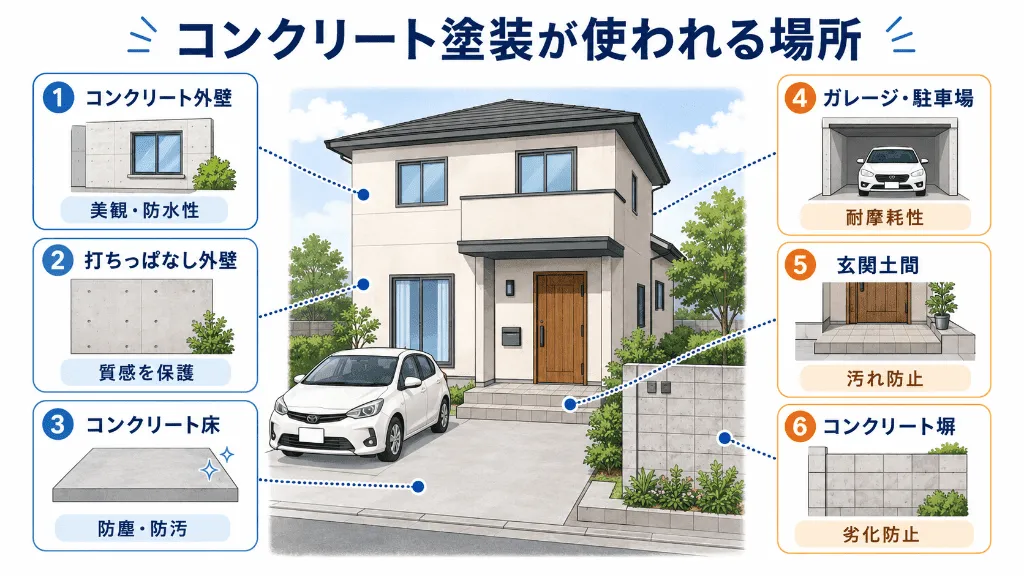 コンクリート塗装が使われる外壁・床・塀・駐車場などの場所