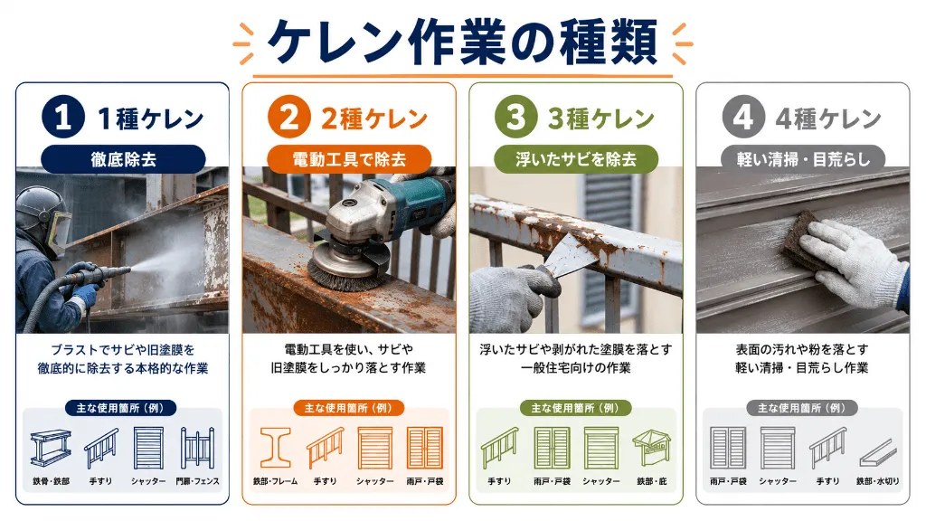 1種・2種・3種・4種ケレンの違いを比較した図