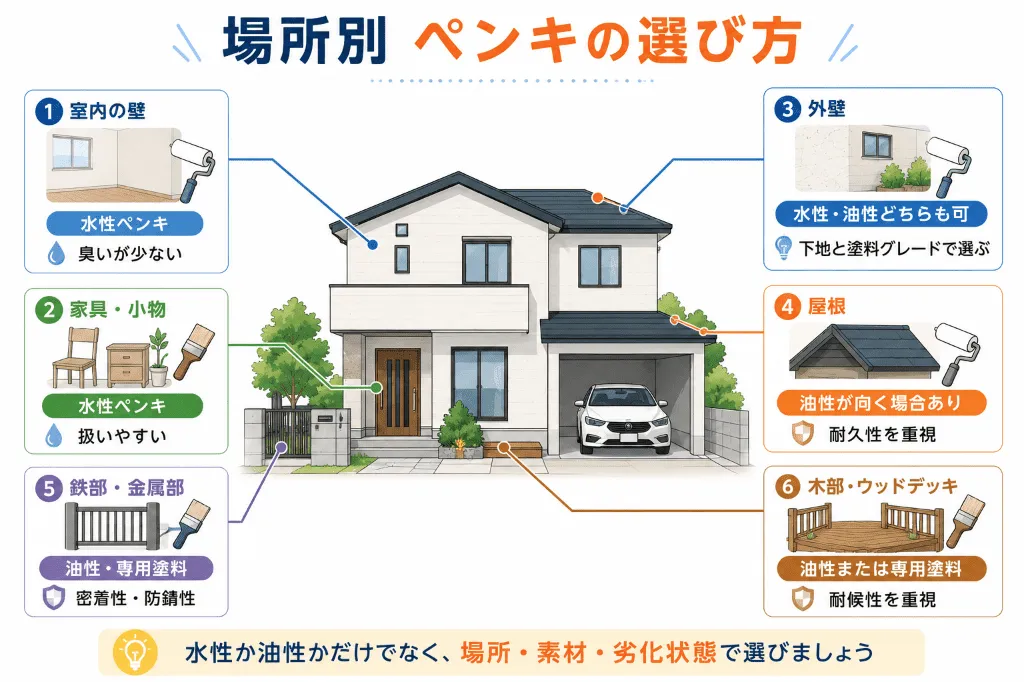 水性ペンキと油性ペンキを場所別に使い分ける説明図