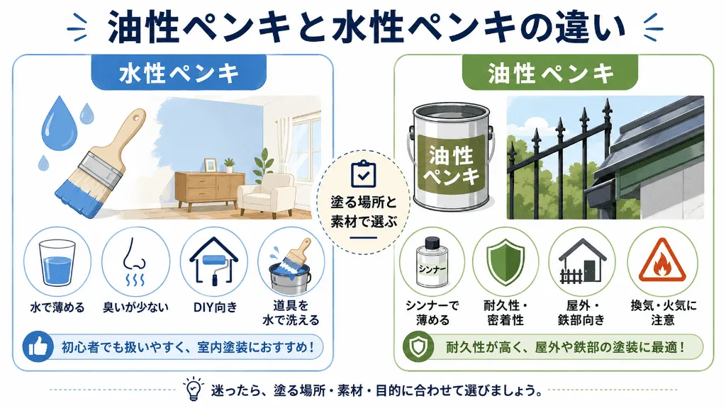 油性ペンキと水性ペンキの違いを比較した図