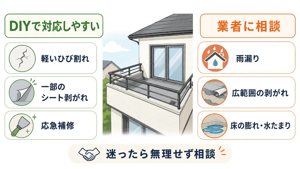 ベランダ防水シートをDIYできるケースと業者依頼すべきケースの比較図