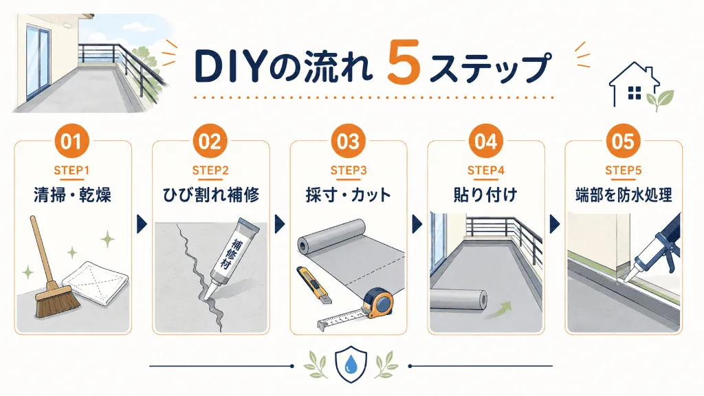 ベランダ防水シートをDIYで貼る手順を5ステップで示した図