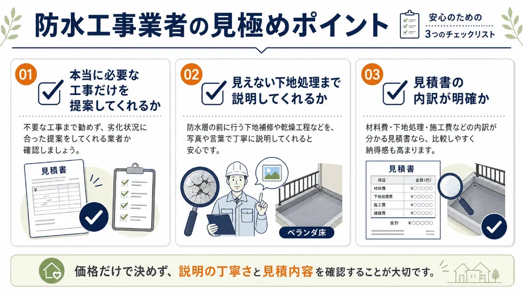 安心できるベランダ防水工事業者を見極める3つのチェックポイント