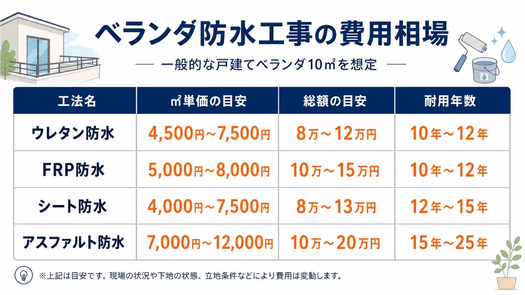 ウレタン防水やFRP防水などベランダ防水工事の費用相場表