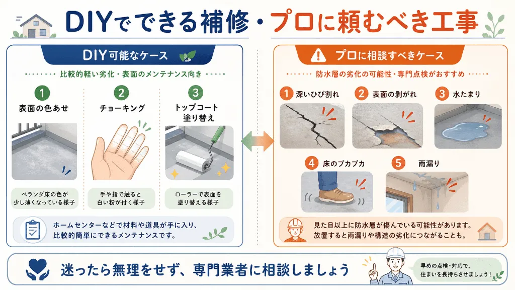 ベランダ防水でDIYできる補修とプロに頼むべき工事の比較図