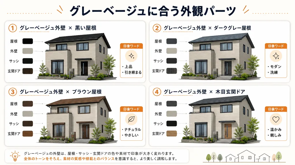 グレーベージュ外壁に合う屋根色や玄関ドアの組み合わせ