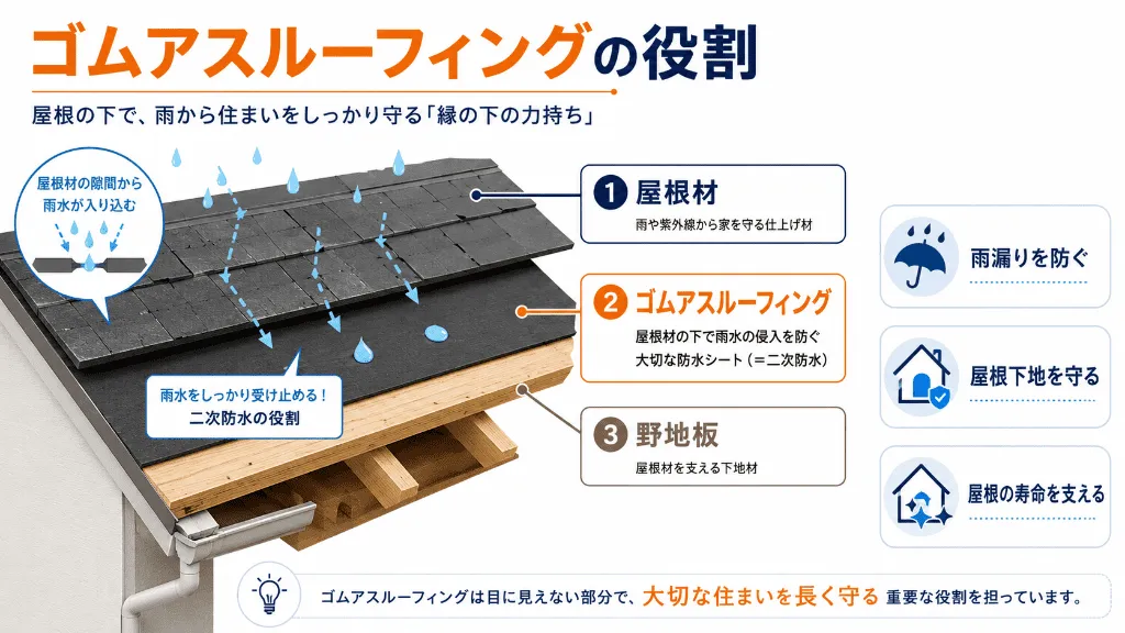屋根材の下にゴムアスルーフィングを敷く構造を示した図
