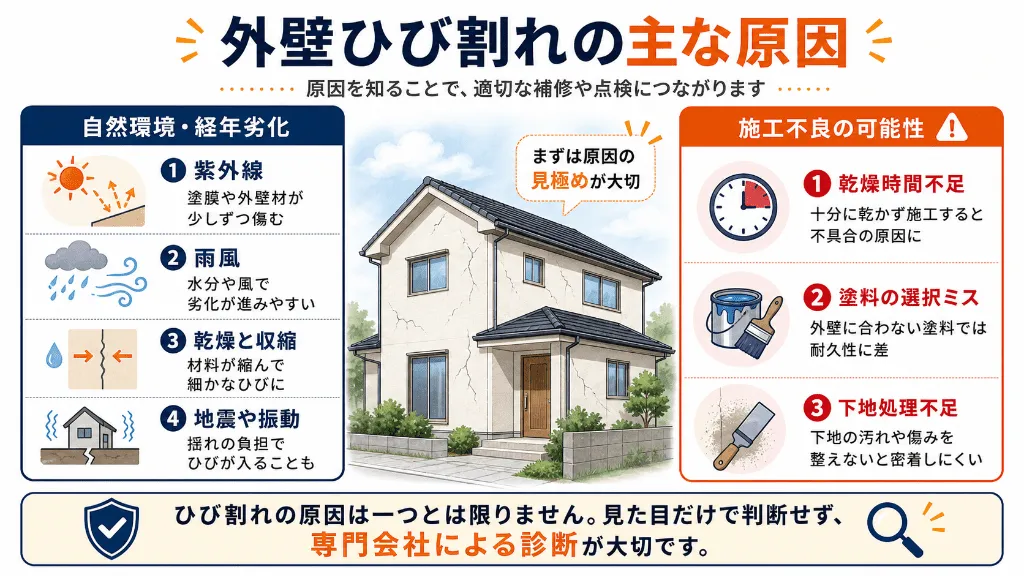 外壁にひび割れが起きる原因を経年劣化と施工不良で比較した図