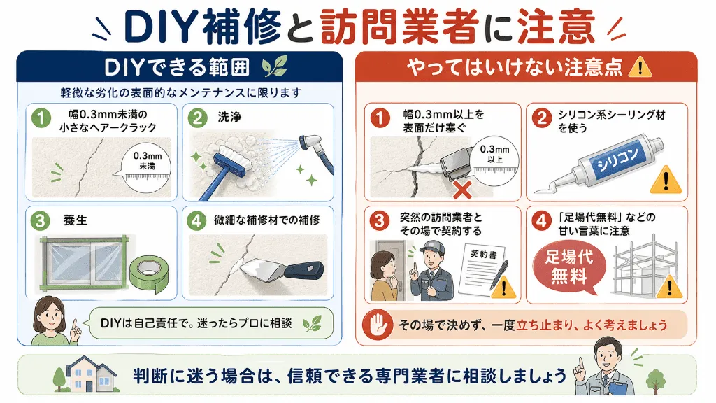 外壁ひび割れのDIY補修範囲と訪問業者への注意点
