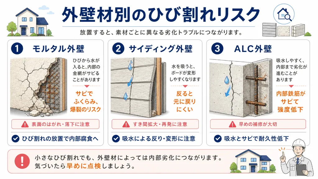 モルタル・サイディング・ALC外壁のひび割れリスク比較図