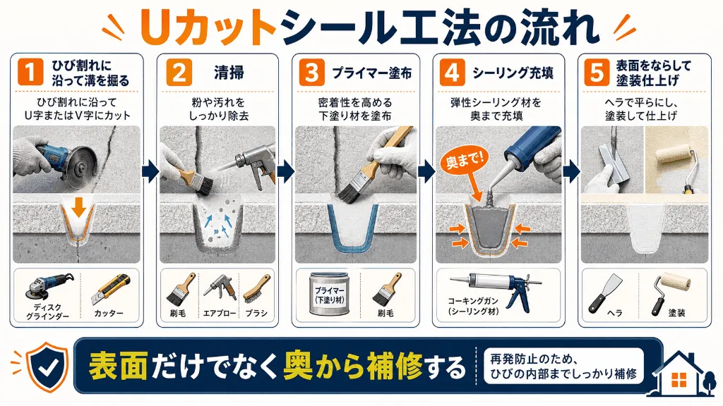 外壁ひび割れ補修のUカットシール工法の施工手順図