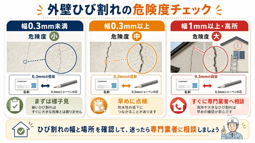 外壁のひび割れ幅0.3mmを基準に危険度を確認する図