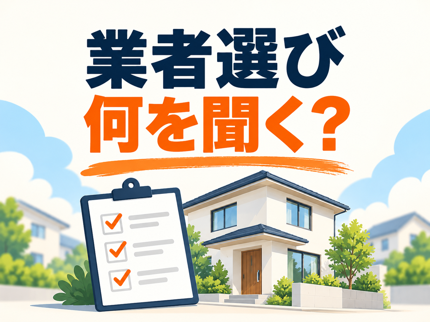 外壁塗装の業者選びと契約前の質問を案内する、住宅とチェックリストのイラスト