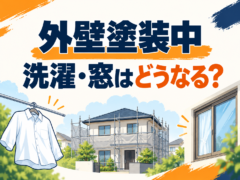 外壁塗装中の洗濯物と窓の開閉の疑問を、住宅と洗濯物のイラストで案内する画像